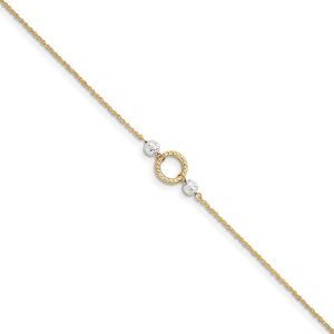 14k Two-Tone Gold Ropa Chain, Circle and Bead Anklet, 9-10 Inch